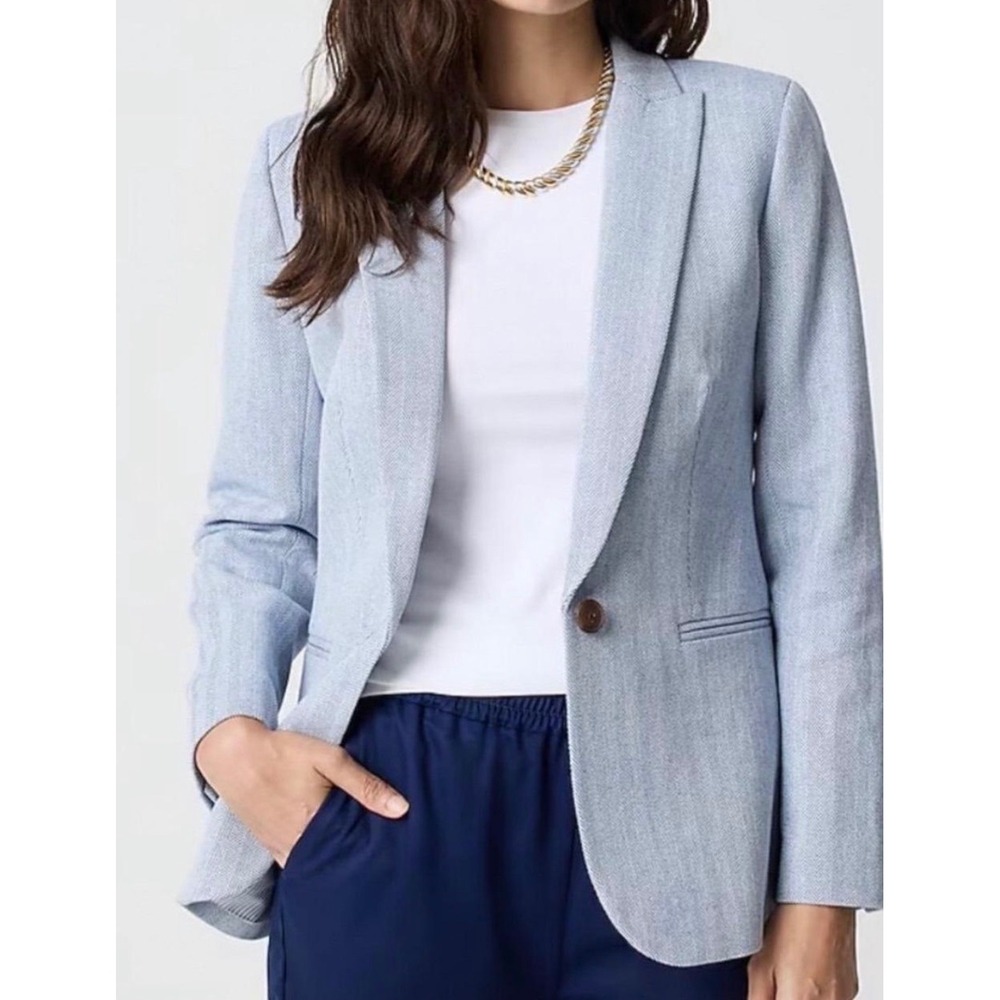J.Crew Blazer Womens 14 Blue Herringbone Linen Blend Coastal Preppy One Button
